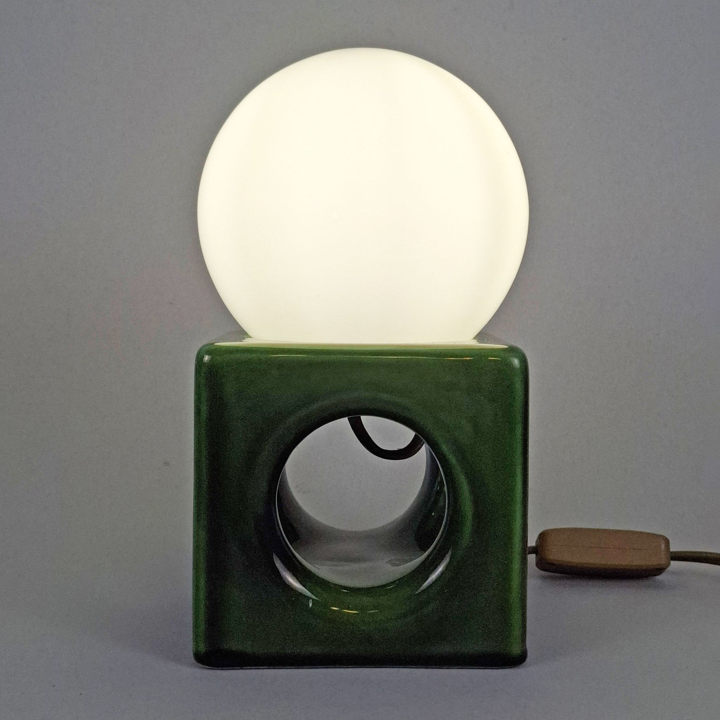 1970s pop art green ceramic table lamp with opaline glass globe - Retro Lamp Shop