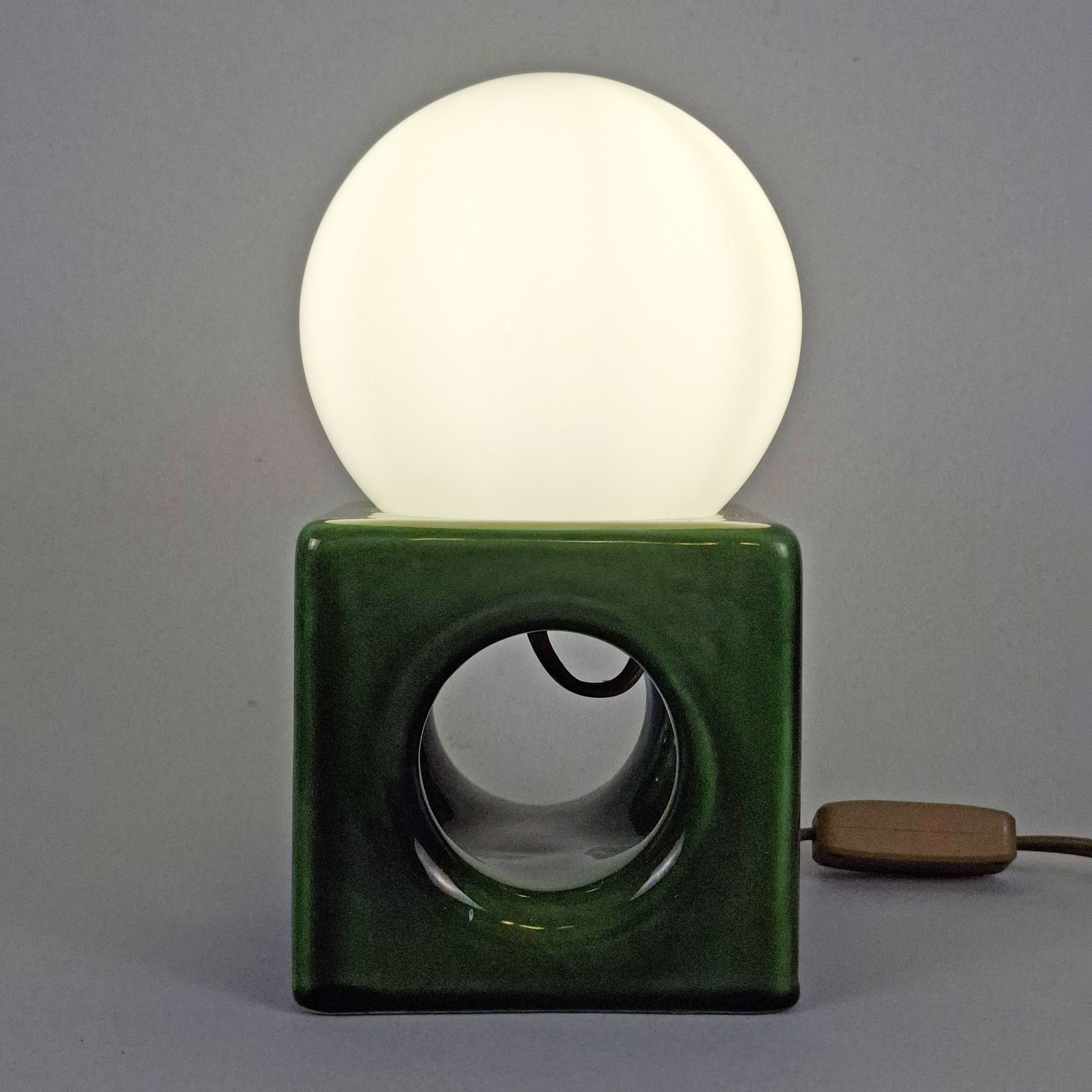 1970s pop art green ceramic table lamp with opaline glass globe - Retro Lamp Shop