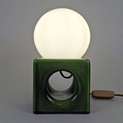 1970s pop art green ceramic table lamp with opaline glass globe - Retro Lamp Shop