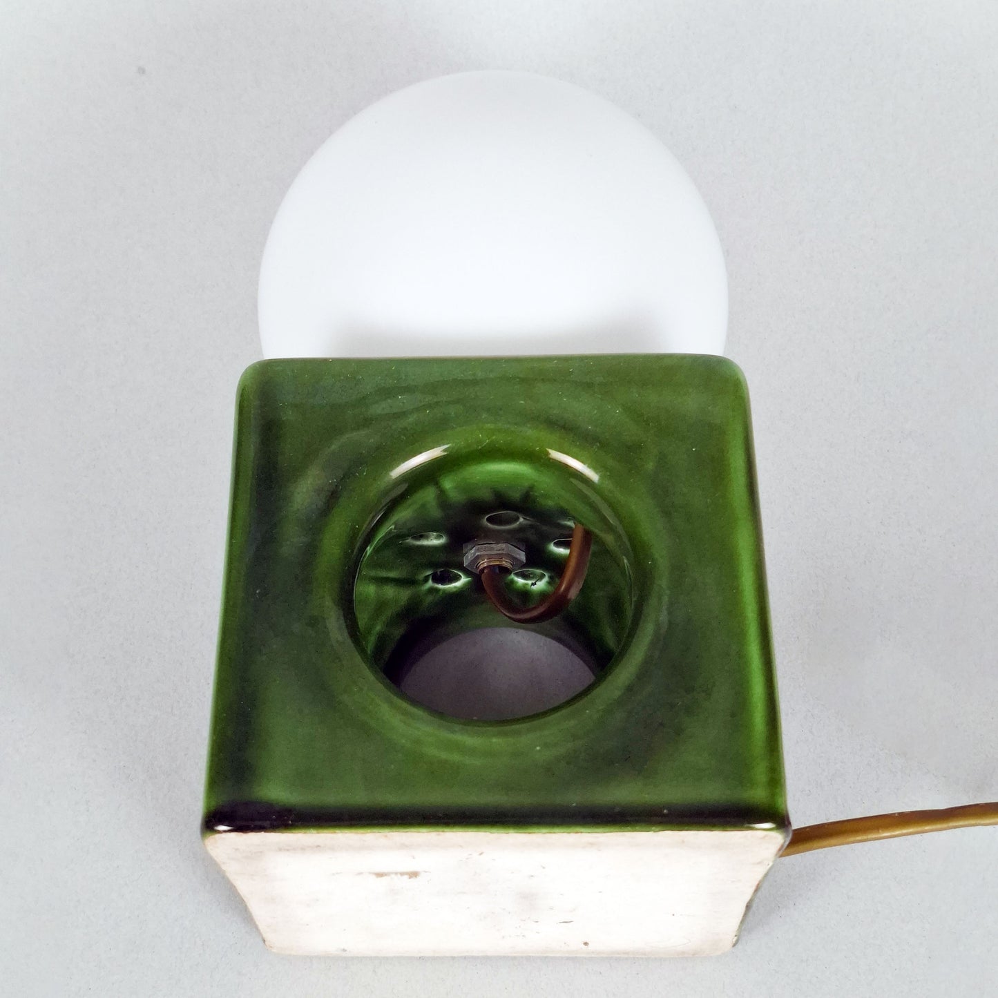 1970s pop art green ceramic table lamp with opaline glass globe - Retro Lamp Shop