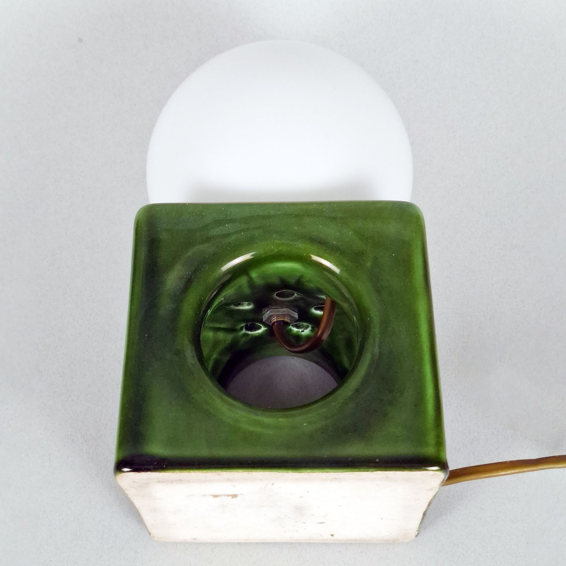 1970s pop art green ceramic table lamp with opaline glass globe - Retro Lamp Shop