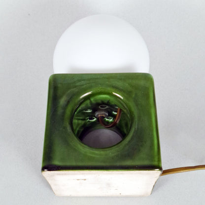 1970s pop art green ceramic table lamp with opaline glass globe - Retro Lamp Shop