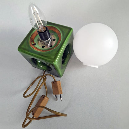 1970s pop art green ceramic table lamp with opaline glass globe - Retro Lamp Shop