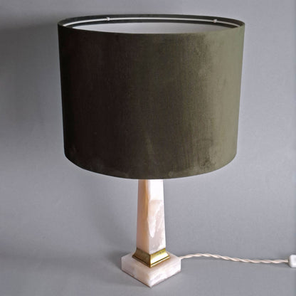 Hollywood regency 1950s vintage table lamp with onyx foot, brass elements and deep green velvet shade - Retro Lamp Shop