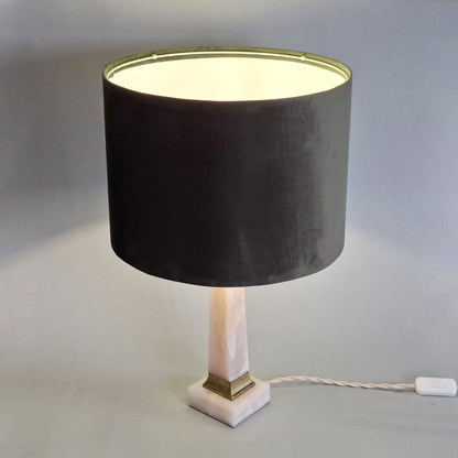 Hollywood regency 1950s vintage table lamp with onyx foot, brass elements and deep green velvet shade - Retro Lamp Shop