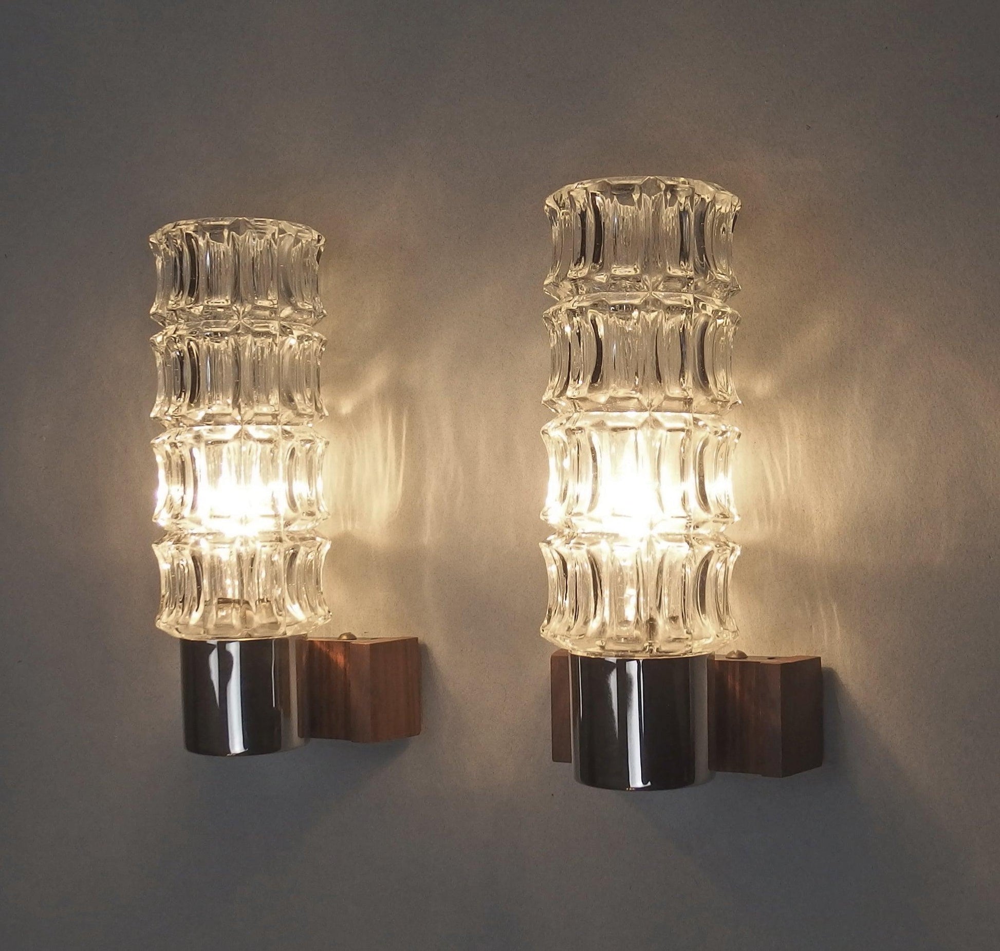 1 of 2 1960s pair of petite sconces with solid rosewood base and thick crystal glass shades - Retro Lamp Shop