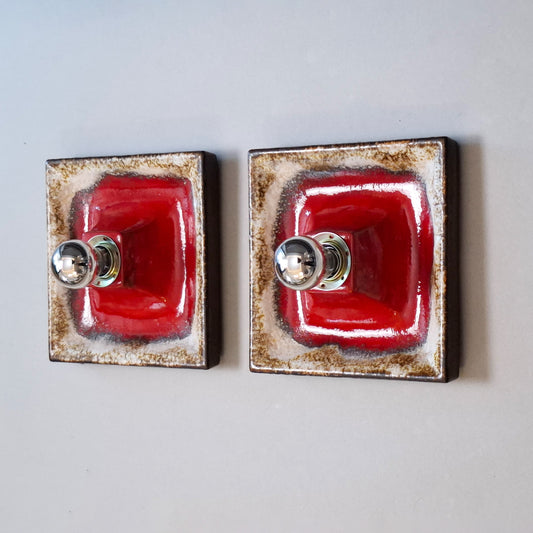 This is a pair of 1970's pop art fat lava red ceramic sconces from Hustadt - Retro Lamp Shop
