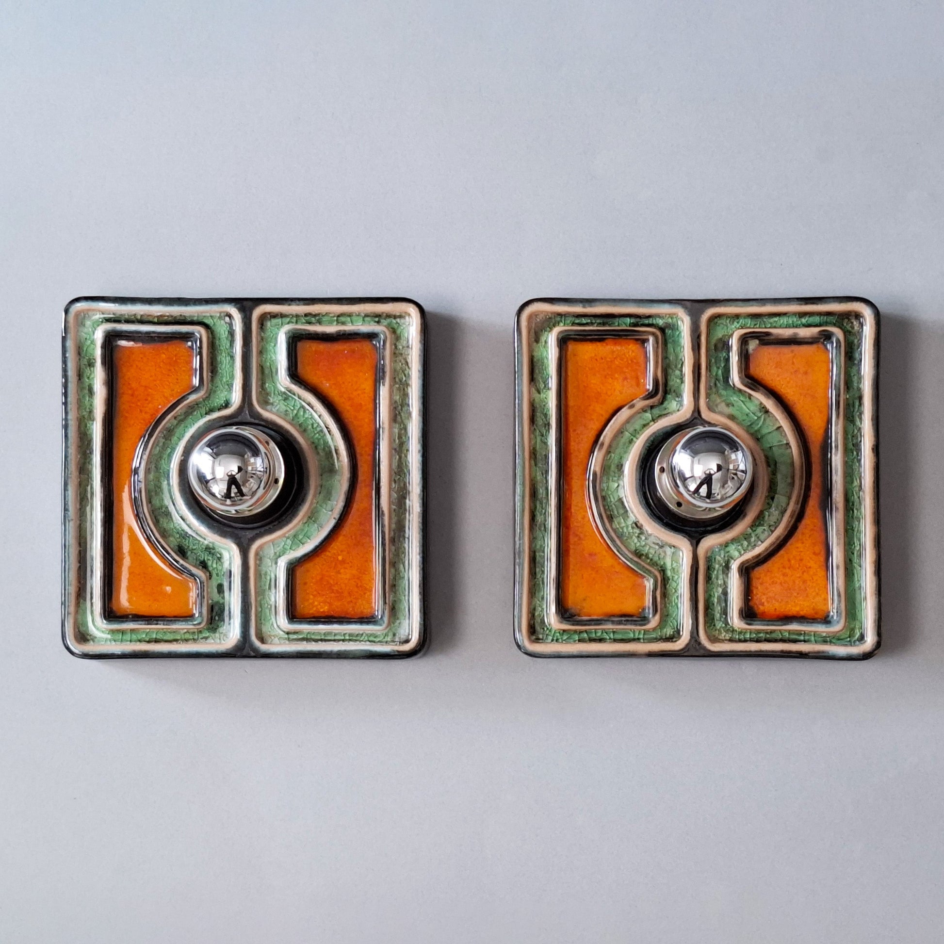 This is a pair of 1970's pop art orange and green ceramic sconces from Pan keramik- Retro Lamp Shop
