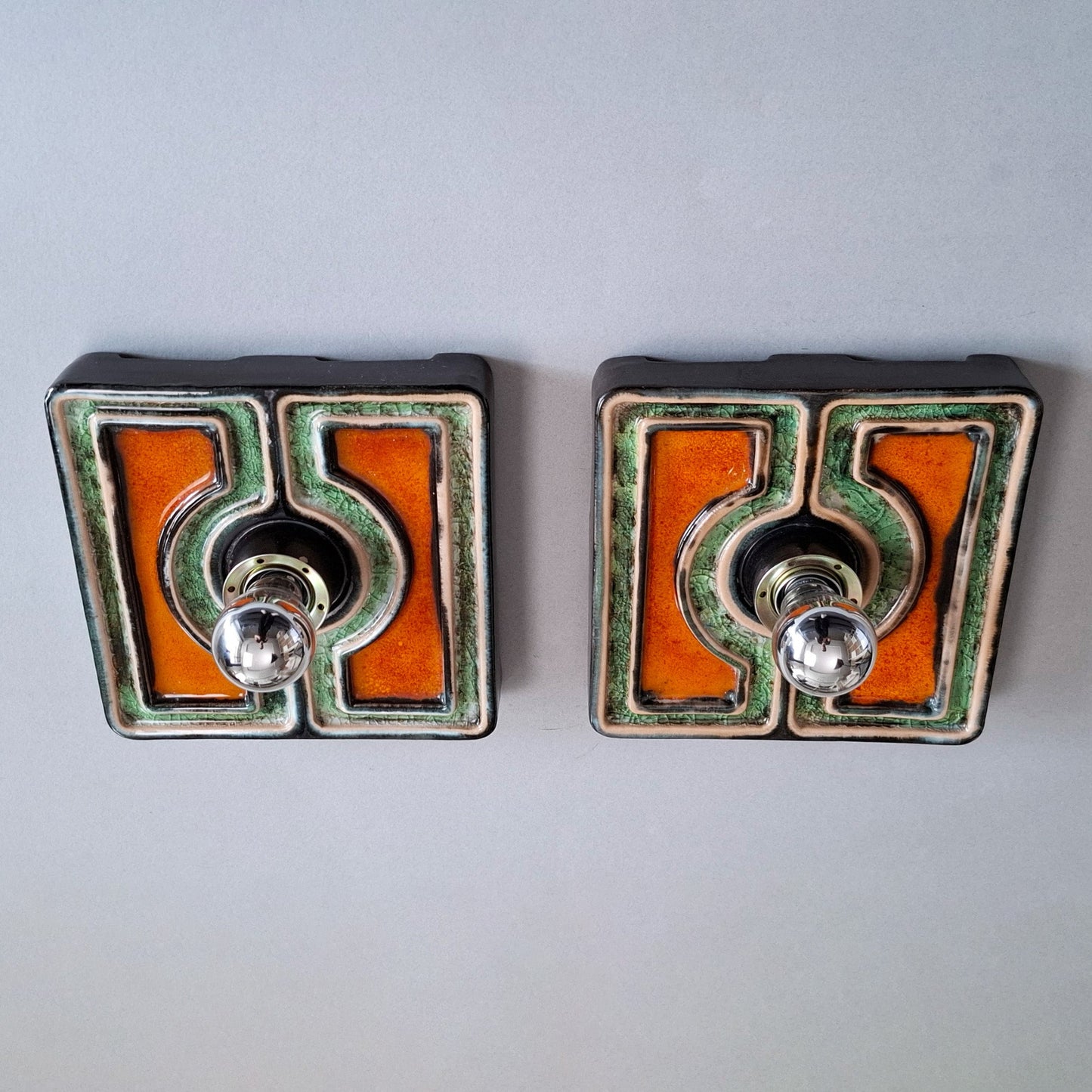 This is a pair of 1970's pop art orange and green ceramic sconces from Pan keramik- Retro Lamp Shop