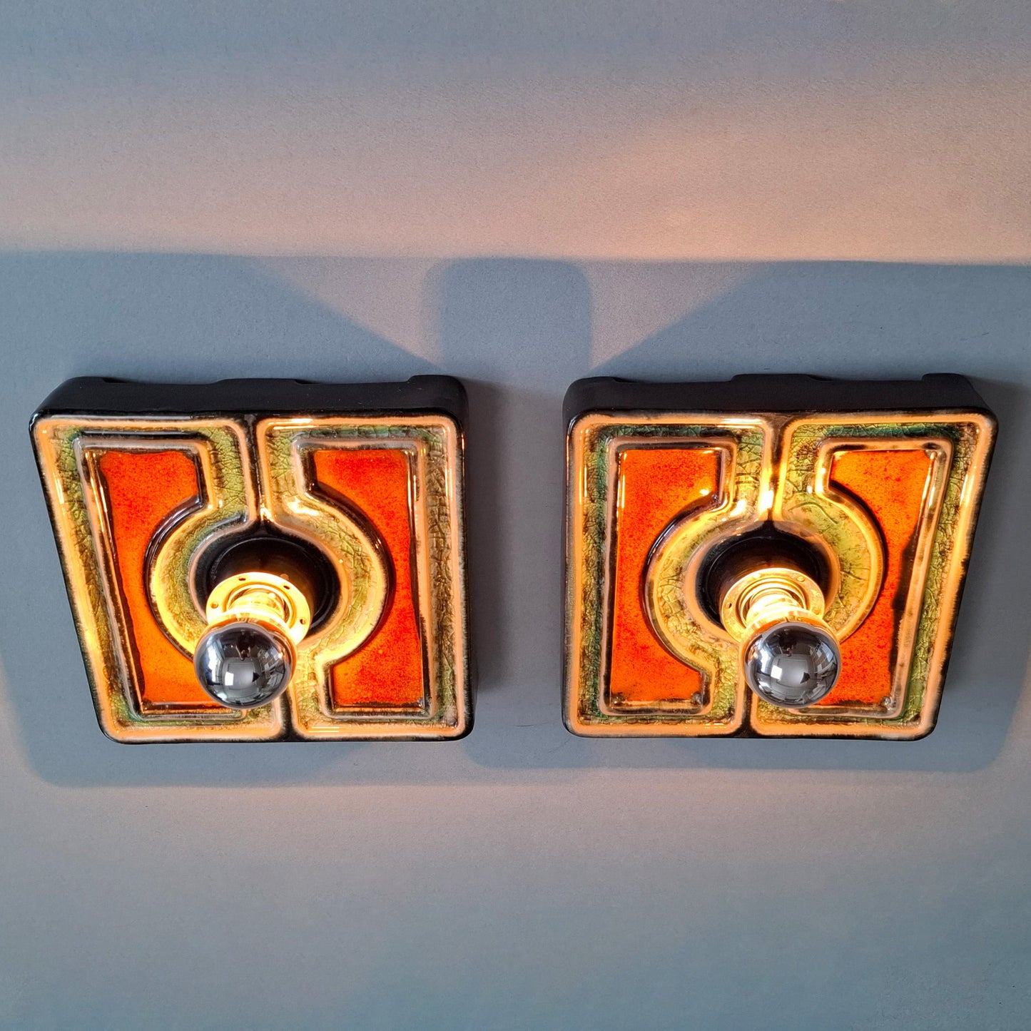 This is a pair of 1970's pop art orange and green ceramic sconces from Pan keramik- Retro Lamp Shop