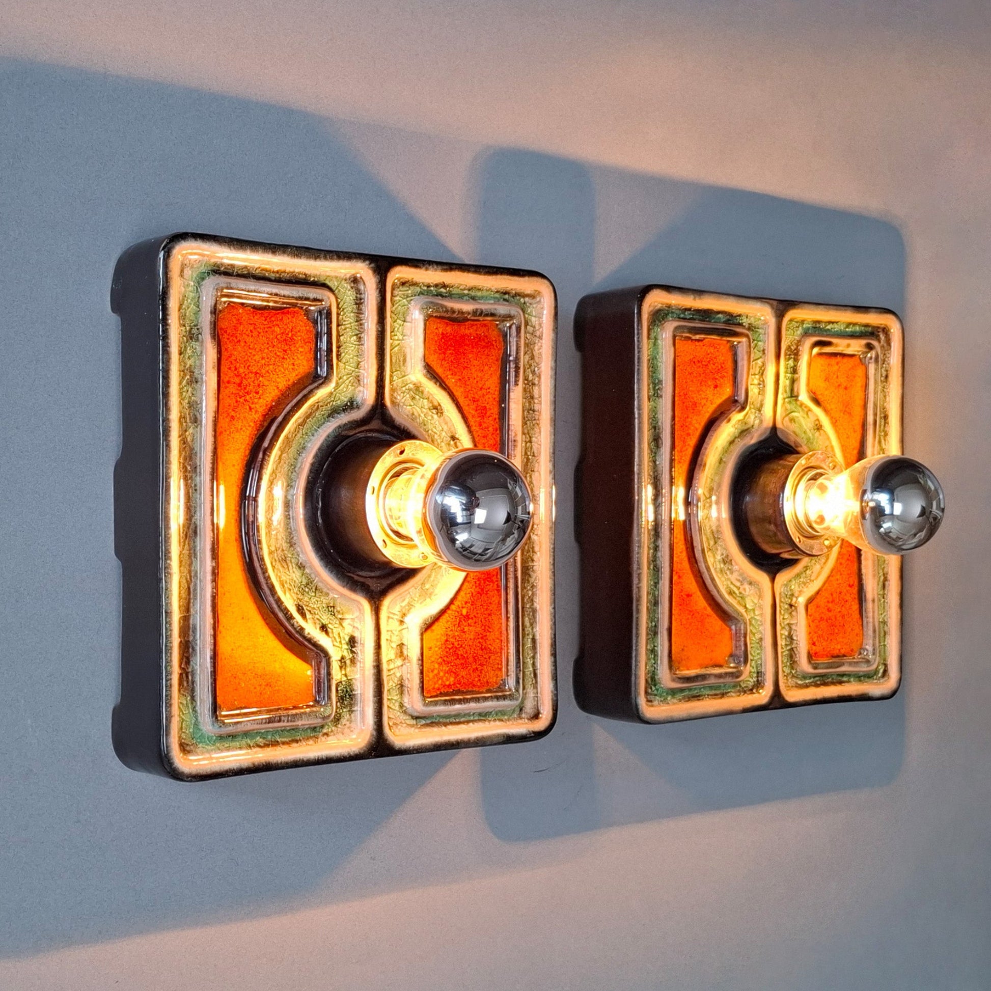 This is a pair of 1970's pop art orange and green ceramic sconces from Pan keramik- Retro Lamp Shop