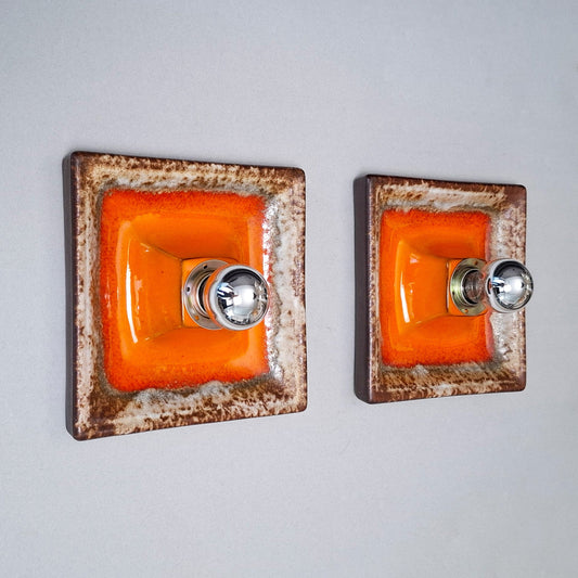 This is a pair of 1970's pop art fat lava orange and beige ceramic sconces from Hustadt - Retro Lamp Shop