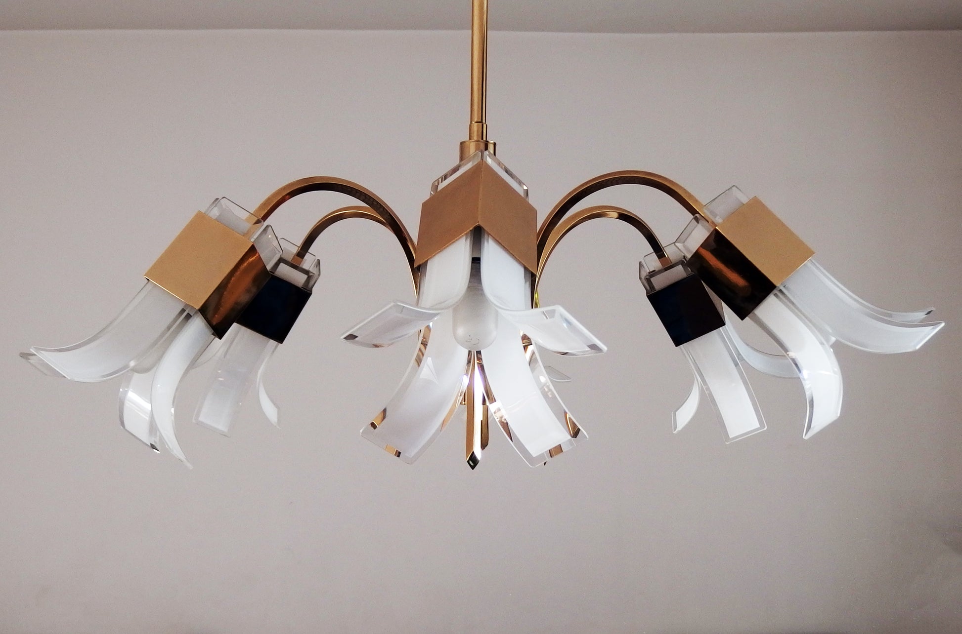Vintage 1970s Italian 6 lights gold plated chandelier with murano glass  elements designed by Gaetano Sciolari - Retro Lamp Shop