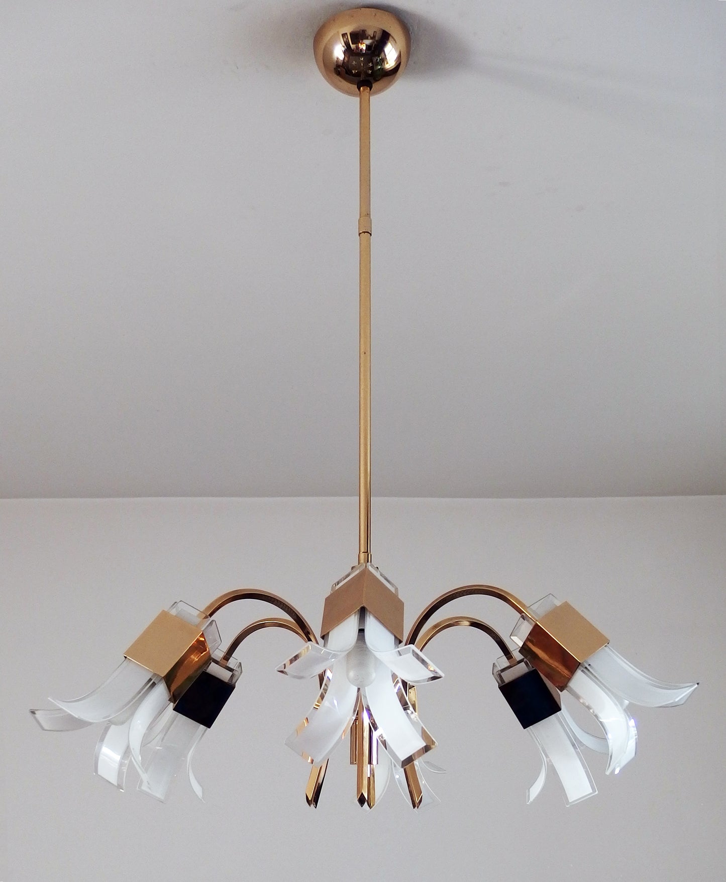Vintage 1970s Italian 6 lights gold plated chandelier with murano glass  elements designed by Gaetano Sciolari - Retro Lamp Shop