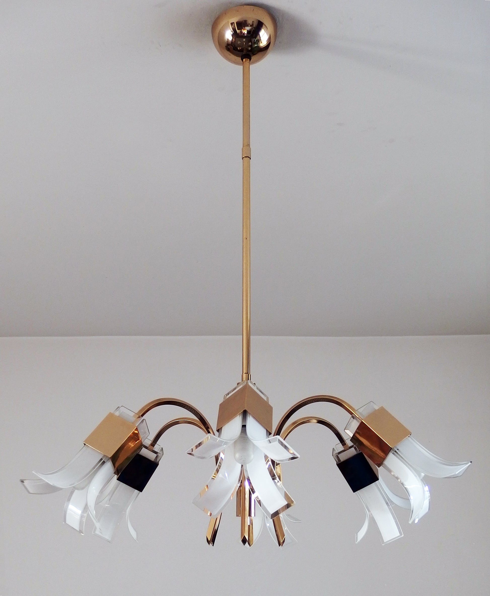 Vintage 1970s Italian 6 lights gold plated chandelier with murano glass  elements designed by Gaetano Sciolari - Retro Lamp Shop