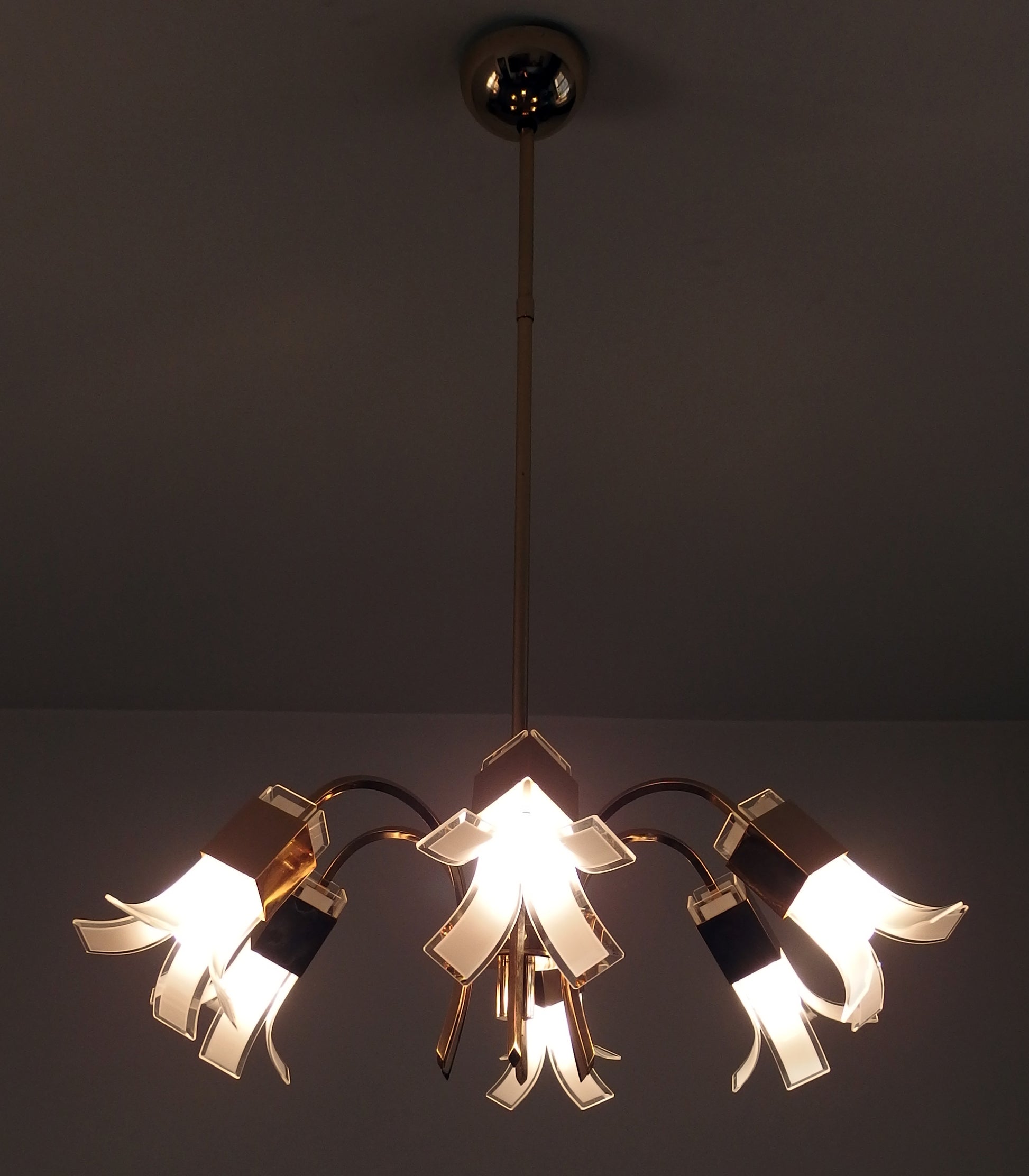 Vintage 1970s Italian 6 lights gold plated chandelier with murano glass  elements designed by Gaetano Sciolari - Retro Lamp Shop