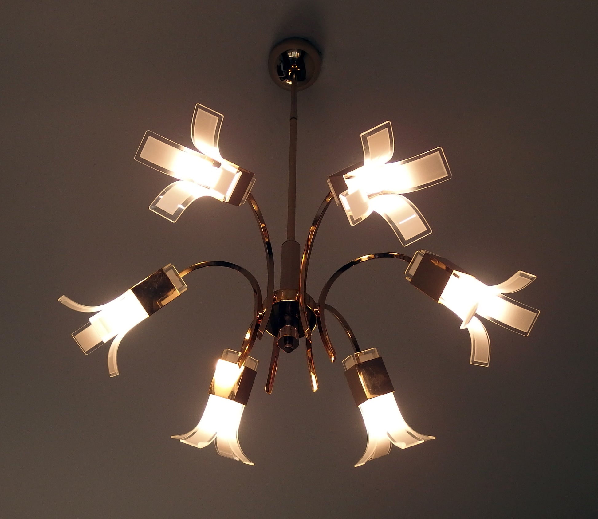 Vintage 1970s Italian 6 lights gold plated chandelier with murano glass  elements designed by Gaetano Sciolari - Retro Lamp Shop
