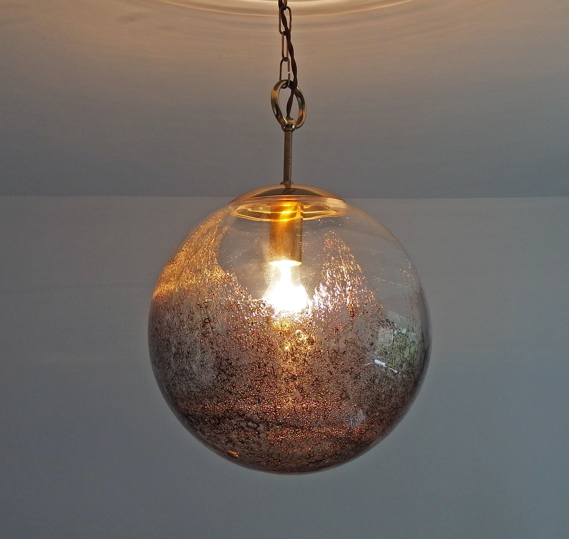 Vintage Kaiser Leuchten brass pendant light with Murano glass globe - Retro Lamp Shop
