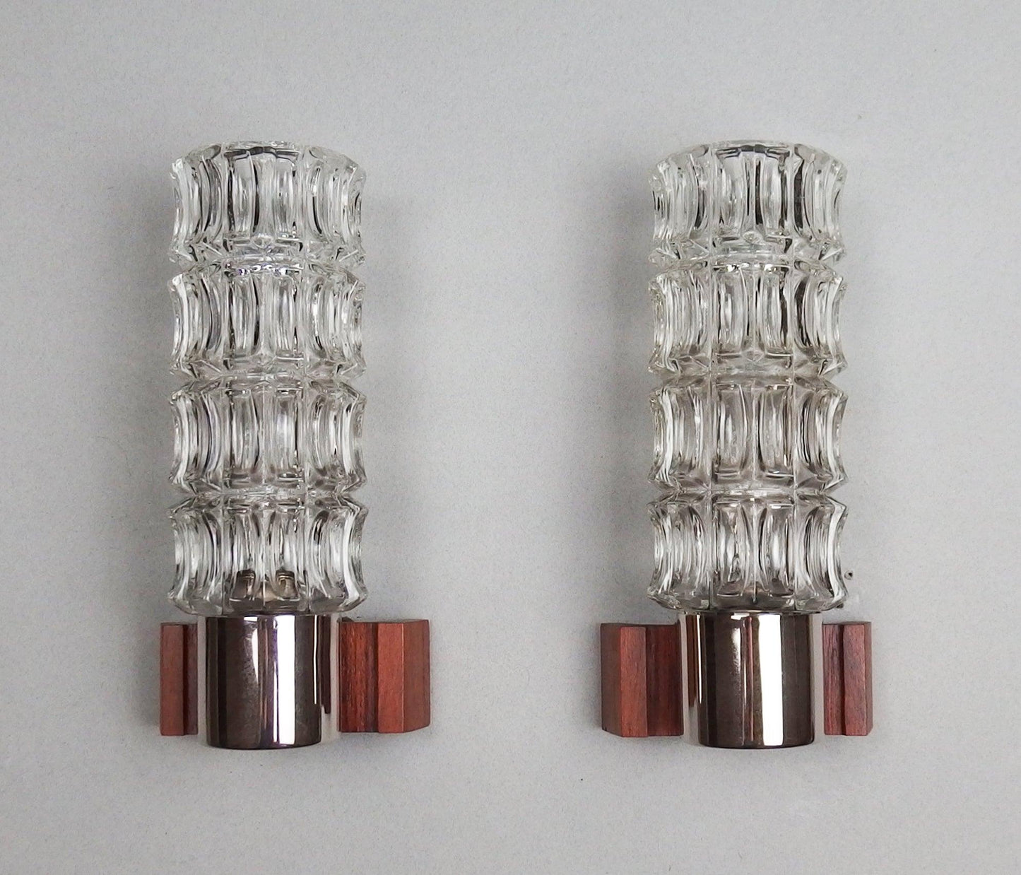 1 of 2 1960s pair of petite sconces with solid rosewood base and thick crystal glass shades - Retro Lamp Shop