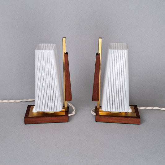 1960s vintage teak wood and brass table lamp with striped white glass shade -Retro Lamp Shop-